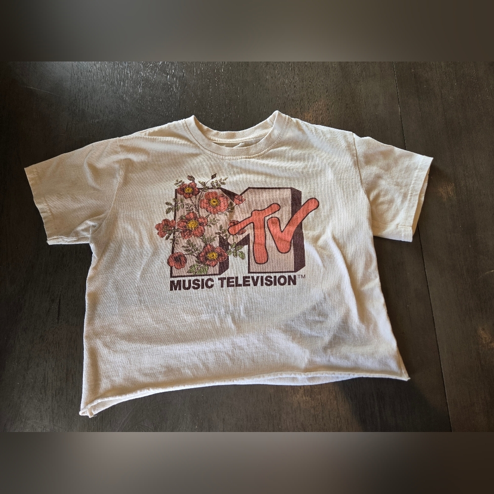 MTV White Tee with Pink & Red Floral Logo